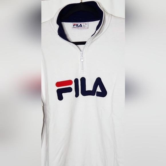 Fila Ladies' 1/4 Zip Fleece Pullover Sweatshirt, White/Navy Large - Picture 10 of 14